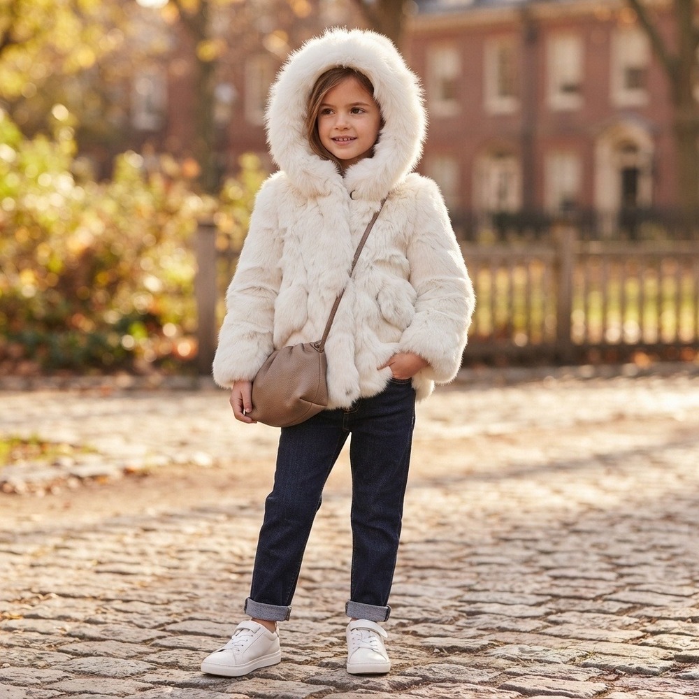 Adrienne Landau Real Rabbit Fox Fur Coat Kids 4/5 White Fair Hooded Luxury